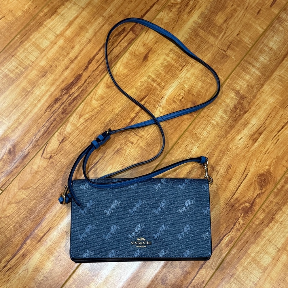 Coach Foldover Crossbody Clutch blue with print
